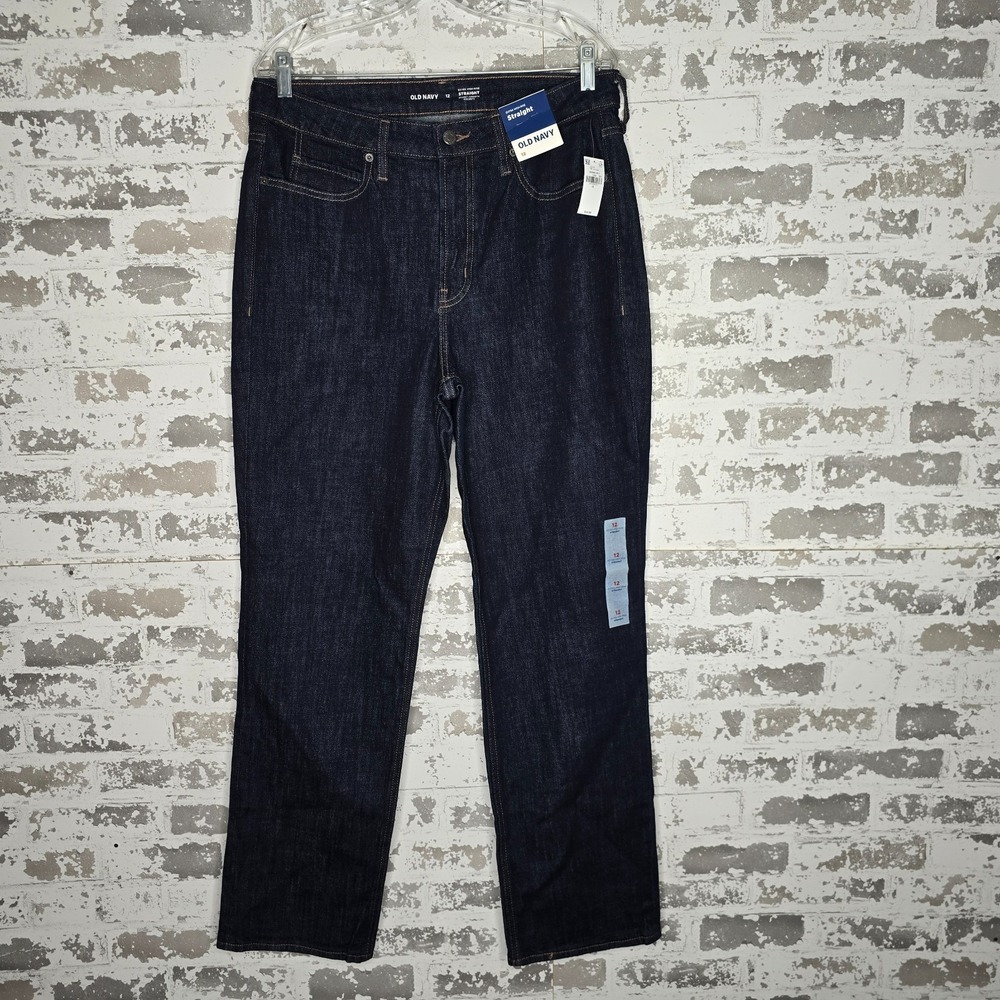 NWT Old Navy Jeans Womens 12 Dark Blue Stretch Denim Extra High Rise Straight‎